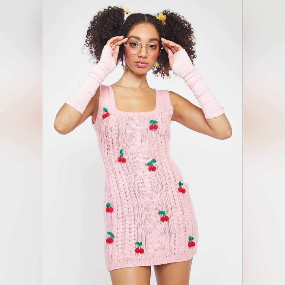 NWOT DEADSTOCK Dolls Kill Pink Knit Cherry Dress - Picture 2 of 2